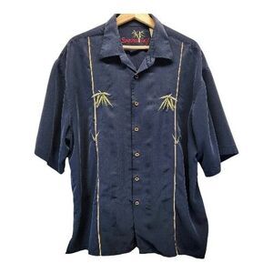 Bamboo Cay Embroidered Hawaiian Shirt Mens XL Navy Blue Tropical Button Up
